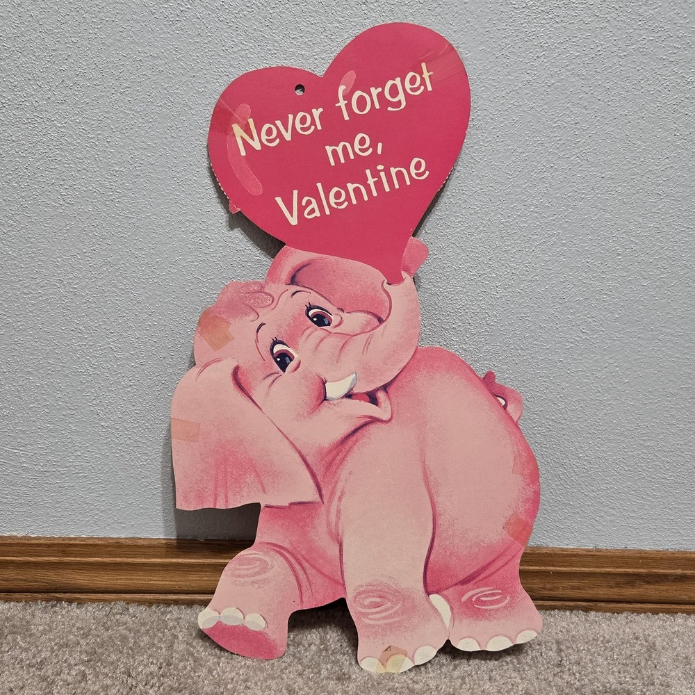Vintage Pink Elephant Cardboard Die Cut Valentine Decor Pink Elephant Heart